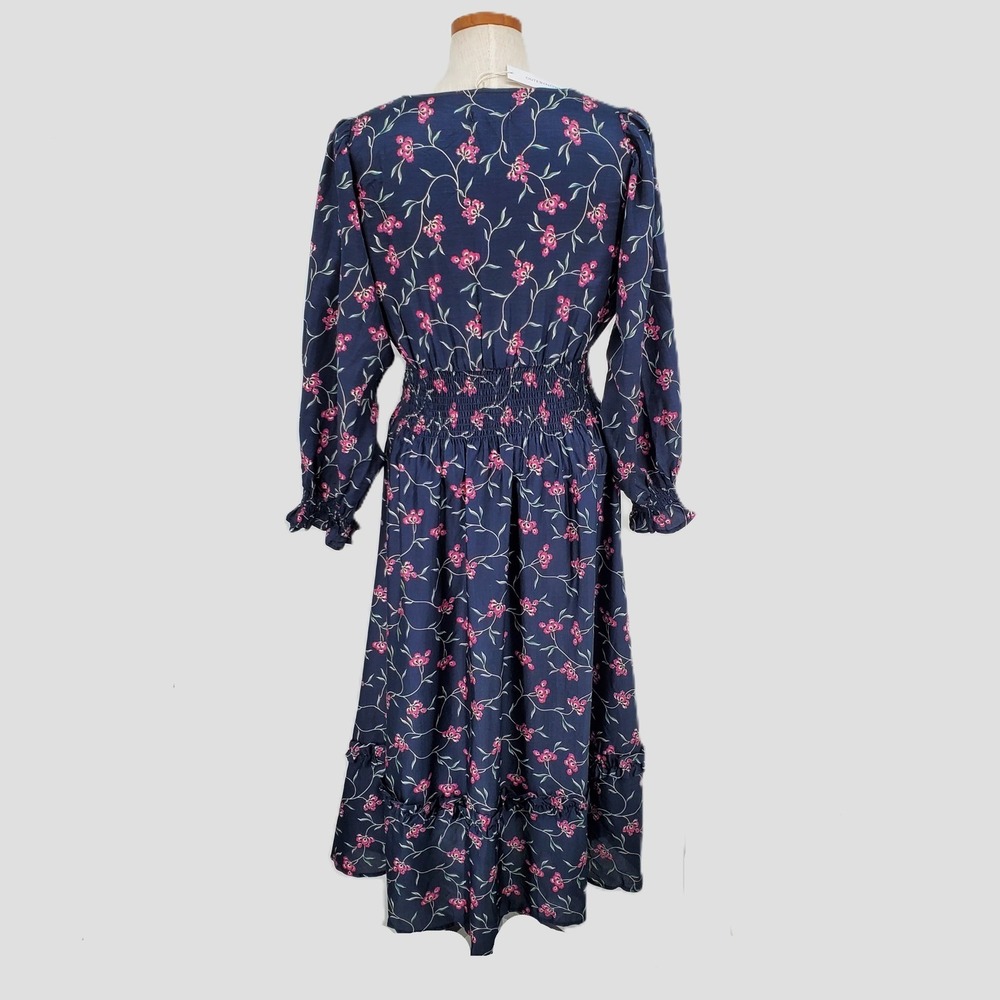 Outerknown S Oceana Floral Smocked Waist Midi Dress Navy Blue Pink Long Sleeve - Picture 3 of 10